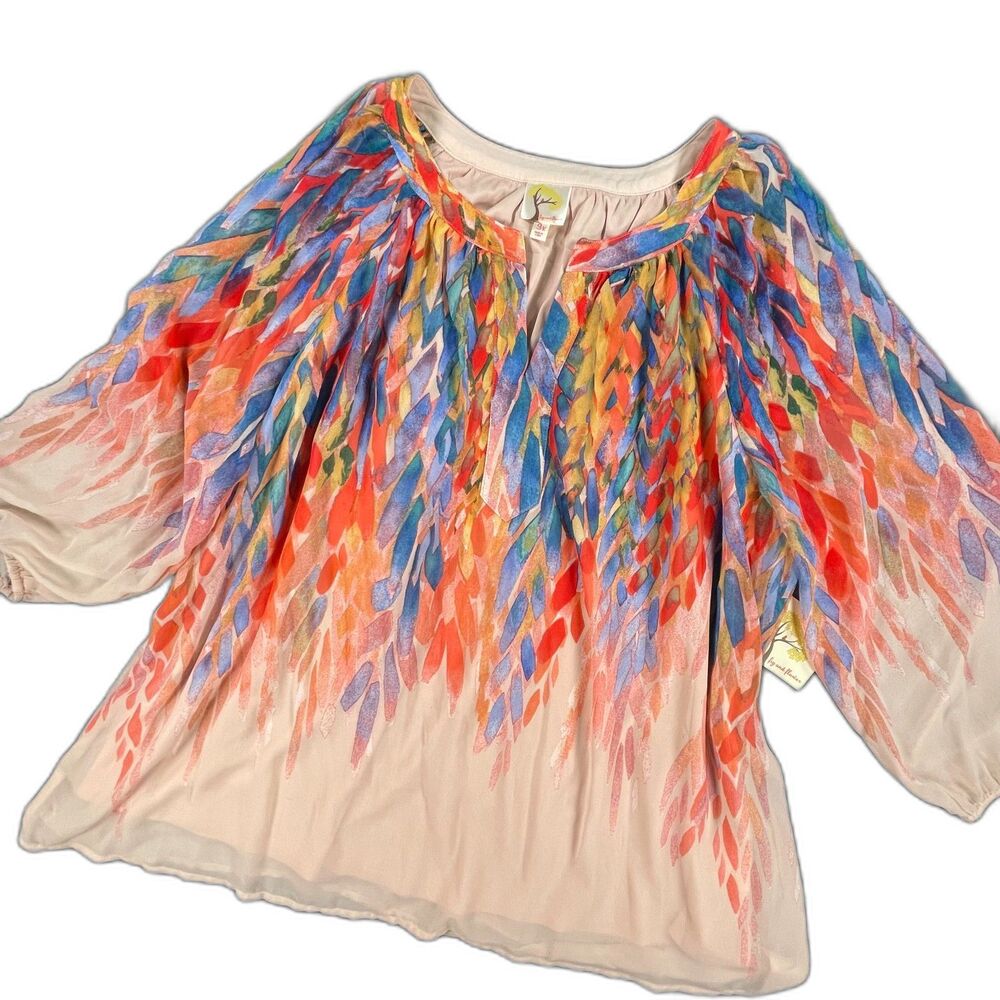 NWT Fig & Flower 3X Colorful Feather Chiffon Peasant Blouse Plus Boho Festival